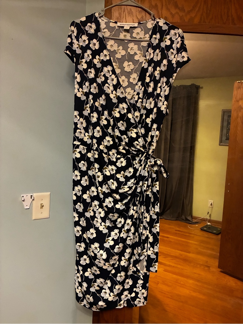 Navy blue Floral Wrap Midi Dress - White Floral Print